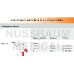 Pinces bipolaires Non-Stick Red coudées pointe 0,6 mm distribuées par Nussbaum Médical