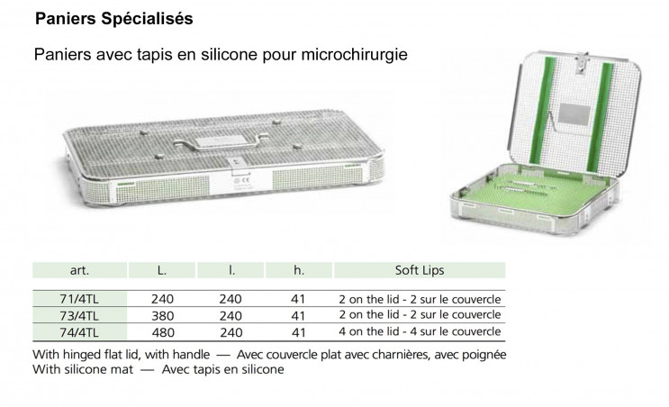 Paniers pour microchirurgie, avec tapis silicone