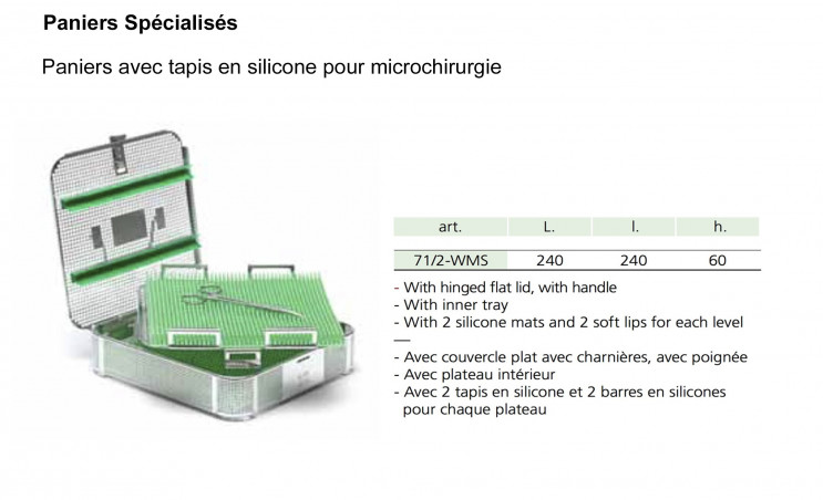 Paniers de stérilisation pour microchirurgie, avec tapis silicone