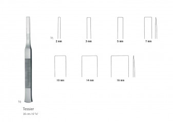 Ostéotome de Tessier longueur 16 cm, largeur de 2 à 16 mm