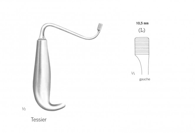 Ecarteur de Tessier pour maxillaires inférieures, longueur 15 cm, à gauche