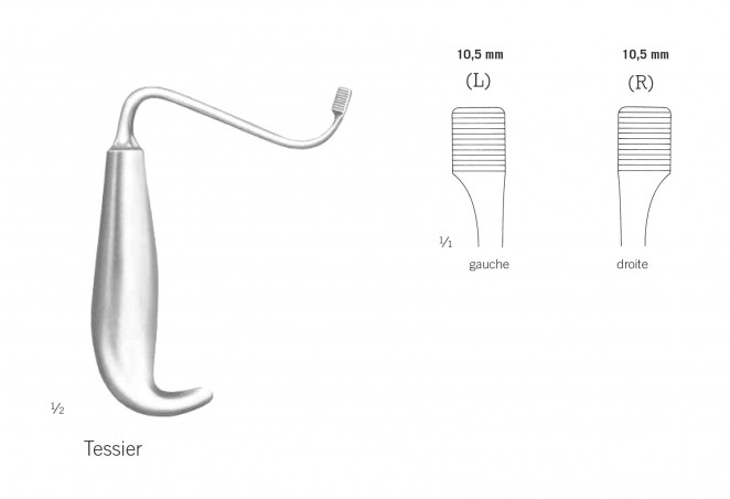 Ecarteur de Tessier pour maxillaires inférieures 15 cm, à droite