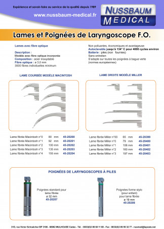Lames courbées MacIntosh pour laryngoscope F.O.