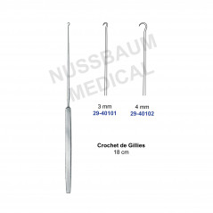 Crochets de Gillies de 3 et 4 mm, longueur 18 cm, distribués par Nussbaum Médical