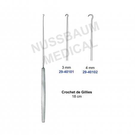 Crochets de Gillies de 3 et 4 mm, longueur 18 cm, distribués par Nussbaum Médical
