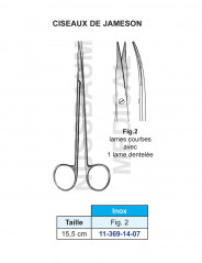 Ciseaux Jameson Inox de 15,5 cm avec lames courbes dont 1 lame dentelée, distribués par Nussbaum Médical