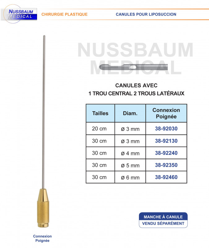 Canules pour liposuccion 1 Trou Central 2 Trous Latéraux