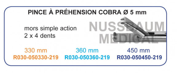 Inserts ø 5 mm pince à préhension Cobra 2x4 dents mors simple action distribué par Nussbaum Médical