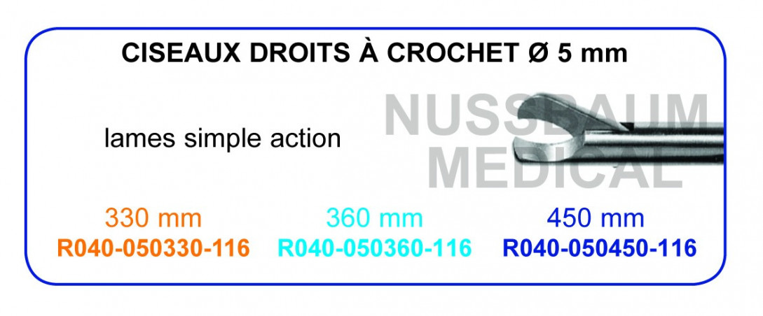 Inserts ciseaux droits à crochet avec lames à simple action distribués par Nussbaum Médical