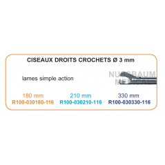 Inserts ø 3 mm ciseaux droits crochets lames simple action distribués par Nussbaum Médical