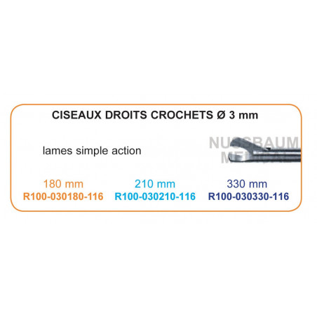 Inserts ø 3 mm ciseaux droits crochets lames simple action distribués par Nussbaum Médical