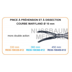 Inserts ø 10 mm pince à préhension et dissection courbe Maryland mors double action distribués par Nussbaum Médical