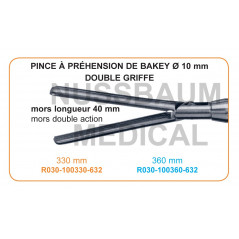 Inserts ø 10 mm pince à préhension De Bakey double griffe mors 40 mm double action distribués par Nussbaum Médical
