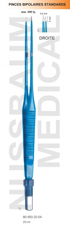 Pinces bipolaires standards 20 cm mors 0,5 mm