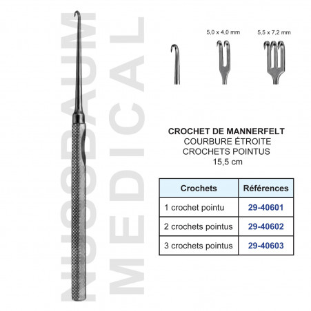 Crochet de Mannerfelt 15,5 cm courbure étroite 1 crochet pointu