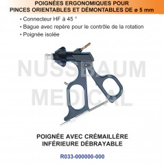 Poignée avec crémaillère inférieure débrayable pour pince de laparoscopie distribuée par Nussbaum Médical