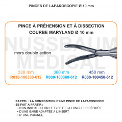 Inserts ø 10 mm pince à préhension et dissection courbe Maryland mors double action distribués par Nussbaum Médical