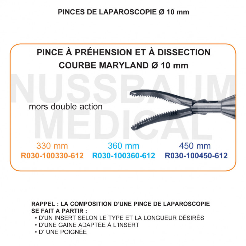 Inserts ø 10 mm pince à préhension et dissection courbe Maryland mors double action