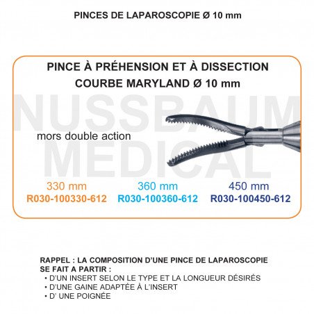 Inserts ø 10 mm pince à préhension et dissection courbe Maryland mors double action distribués par Nussbaum Médical