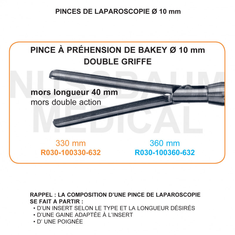 Inserts ø 10 mm pince à préhension De Bakey double griffe mors 40 mm double action