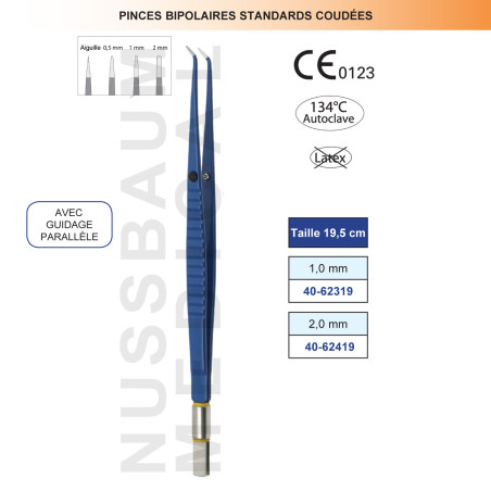 Pince bipolaire Premium coudée 19 cm distribuée par Nussbaum Médical